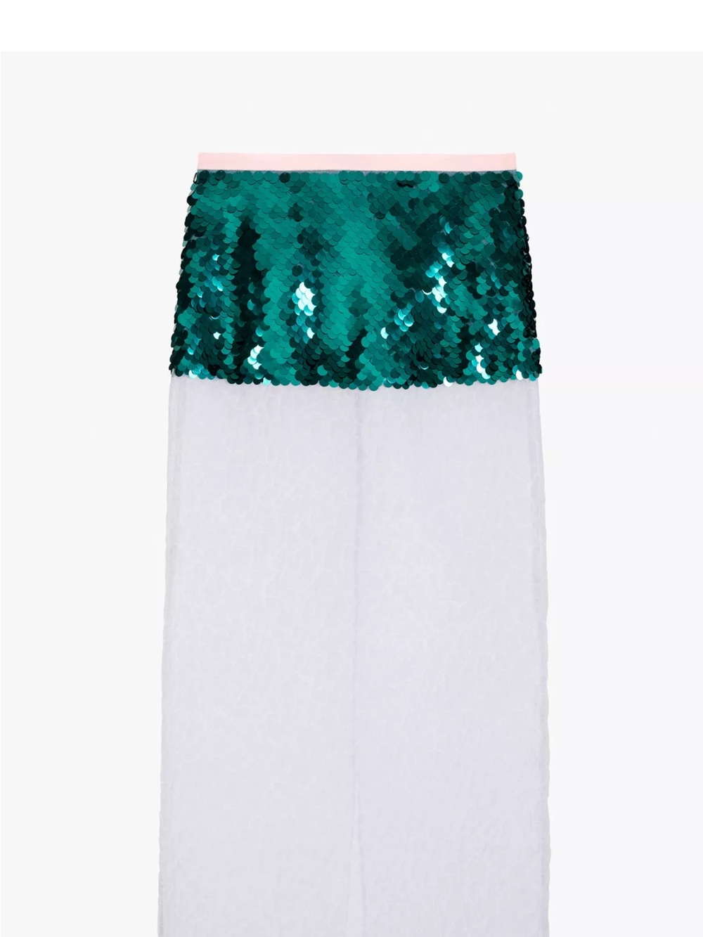 Zara Green Sequin Waistband Midi Skirt with White Sheer Panel size XS - NWT